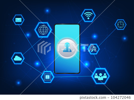 Smartphone technology connected to the internet with technology icons Smartphones that use personal data via the Internet It is secured information. is used to retrieve information Smartphone technology connected to the internet with technology icons Smartphones that use personal data via the Internet It is secured information. is used to retrieve information 104272046