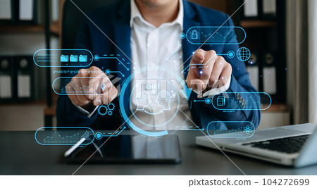 Man using chatbot in computer and tablet  smart intelligence Ai.Chat with AI Artificial Intelligence, developed by OpenAI generate. Futuristic technology, robot in online system. 104272699