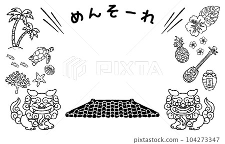 Okinawa illustration frame mensore hand drawn black and white line drawing 104273347