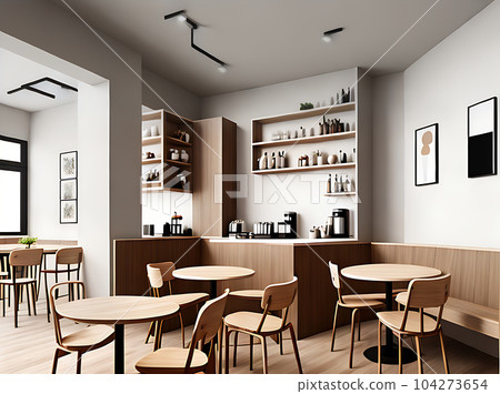 Realistic cafe interior minimal beige wood. Realistic cafe interior minimal beige wood. 104273654