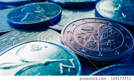 Macro view coins different world currencies. Finance, money, cents, tips concept Macro view coins different world currencies. Finance, money, cents, tips concept 104273753