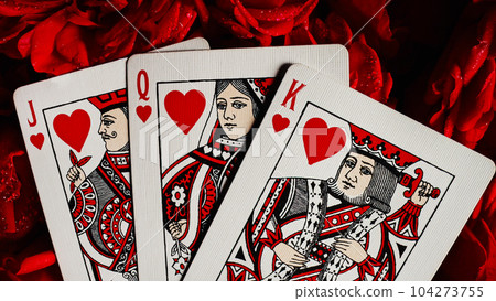 Cards for gambling on roses. Blackjack poker concept. Queen,king, jack of hearts Cards for gambling on roses. Blackjack poker concept. Queen,king, jack of hearts 104273755