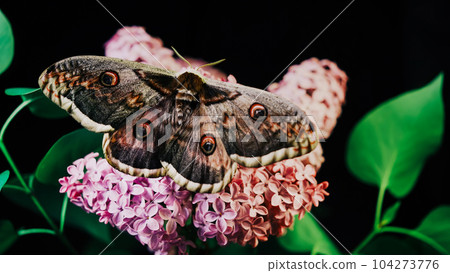 European Night Butterfly - Saturnia Pyri, Giant Peacock Moth On Lilac Branch European Night Butterfly - Saturnia Pyri, Giant Peacock Moth On Lilac Branch 104273776