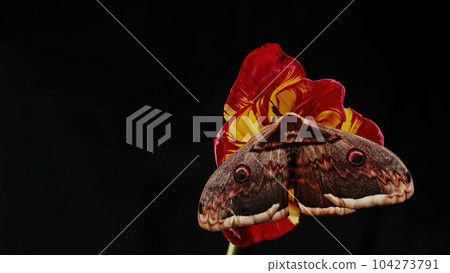 Night Butterfly - Saturnia Pyri, Giant Peacock Moth Sits On Red Tulip Flower 104273791