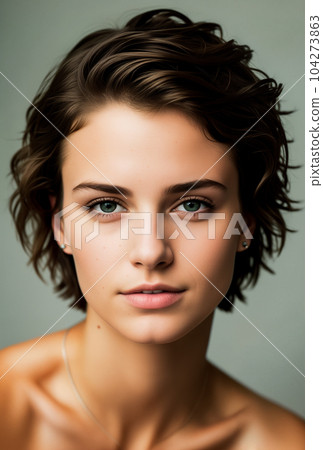 Portrait of a bare young woman with long, brown hair and natural make-up.  Stock Photo