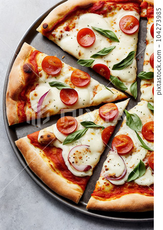 Sliced pizza with salami pepperoni sausage, mozzarella cheese, basil and tomato sauce on dark gray background - traditional Italian food close-up with top view. Generative AI. 104273985