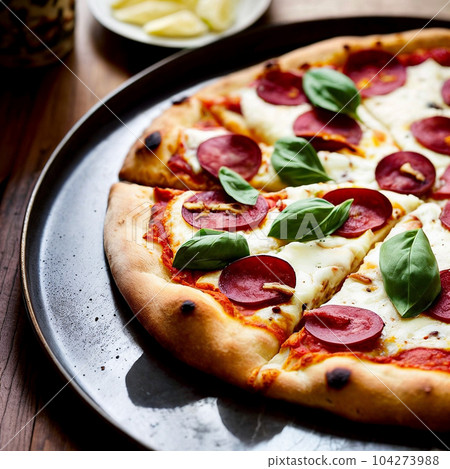 Sliced pizza with salami pepperoni sausage, mozzarella cheese, basil and tomato sauce on dark gray background - traditional Italian food close-up with angle view. Generative AI. 104273988