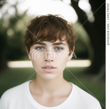 Portrait of a beautiful young cute freckled girl with short messy hair with blue eyes wearing a white t-shirt outdoors. Generative AI. 104274050