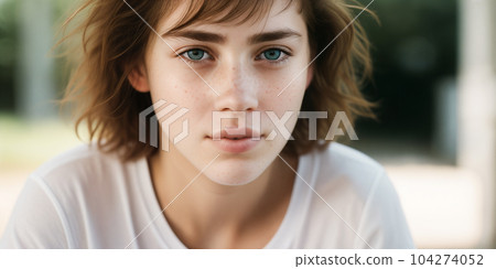 Portrait of a beautiful young cute freckled girl with short messy hair with blue eyes wearing a white t-shirt outdoors. Generative AI. 104274052