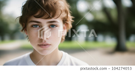 Portrait of a beautiful young cute freckled girl with short messy hair with blue eyes wearing a white t-shirt outdoors. Generative AI. Portrait of a beautiful young cute freckled girl with short messy hair with blue eyes wearing a white t-shirt outdoors. Generative AI. 104274053