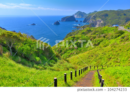 伊豆半島、南伊豆、奧色的美麗海岸線,從通向靜岡縣南伊豆町湯菅公園的長廊俯視(2) 伊豆半島、南伊豆、奧色的美麗海岸線,從通向靜岡縣南伊豆町湯菅公園的長廊俯視(2) 104274233