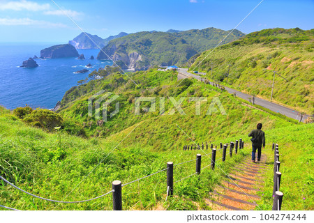Izu Peninsula, Minamiizu, Tourists descending the stairs from Yuusuge Park to the parking lot while looking at the coastline, Minamiizu Town, Shizuoka Prefecture Izu Peninsula, Minamiizu, Tourists descending the stairs from Yuusuge Park to the parking lot while looking at the coastline, Minamiizu Town, Shizuoka Prefecture 104274244