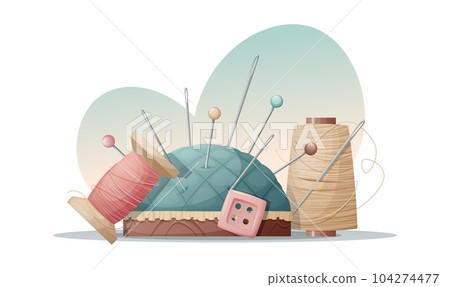 Illustration of a needle bed with pins, threads and a button on a white background. Sewing tools, needlework, hobby, craft, workplace. 104274477