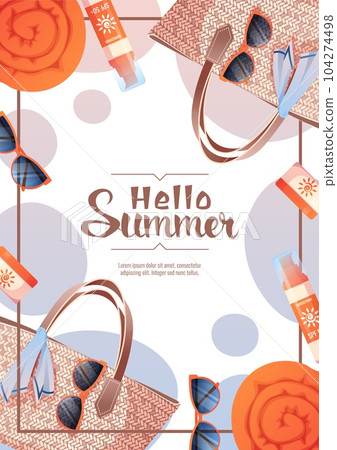 Flyer design with summer accessories. Wicker bag, towel, sunscreen. Beach vibe, summer time. Banner poster, background for summer party, advertising promotion, invitation. Flyer design with summer accessories. Wicker bag, towel, sunscreen. Beach vibe, summer time. Banner poster, background for summer party, advertising promotion, invitation. 104274498