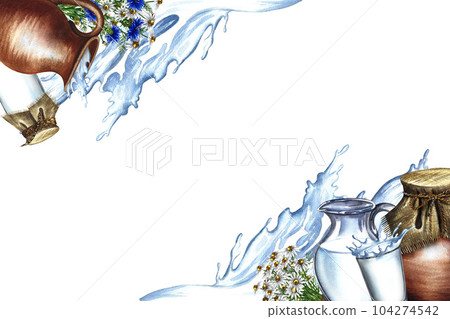Dairy products in ceramic and glassware with wildflowers. Corner frame. Watercolor hand drawn illustration. White background. For the design of the advertising, packaging, flyer of dairy products. Dairy products in ceramic and glassware with wildflowers. Corner frame. Watercolor hand drawn illustration. White background. For the design of the advertising, packaging, flyer of dairy products. 104274542