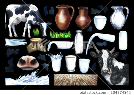 Dairy products set. ceramic and glassware, cows and milk splashes. Watercolor hand drawn illustration isolated on black background. Clipart. For the design of advertising of dairy products, packaging. 104274543