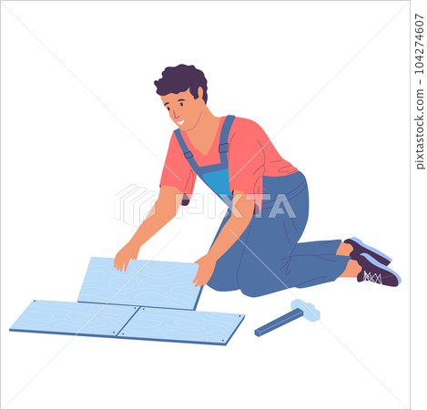 Home repair. Cartoon worker making renovation. Professional builder. Man laying floor tiles. Workman in overalls. Apartment interior. Flooring improvement. Vector house building work Home repair. Cartoon worker making renovation. Professional builder. Man laying floor tiles. Workman in overalls. Apartment interior. Flooring improvement. Vector house building work 104274607