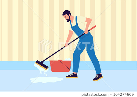 Housekeeper mopping floor. Cleaning service worker. Mop and bucket. Home wet cleanup. Man in overalls. Apartment washing. House chores. Professional maid. Vector housekeeping illustration 104274609