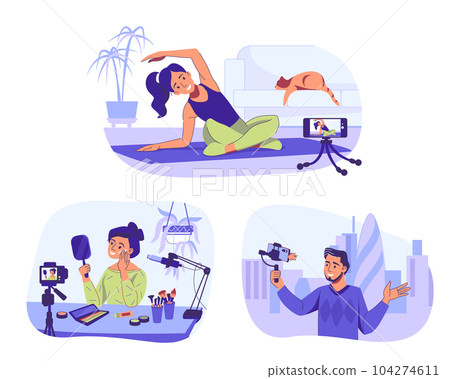 Bloggers recording video for social media channel. Hobby vlog. Makeup blog. Yoga training. Travel blogging. Internet streaming. People speaking in front of camera. Vector vloggers set 104274611
