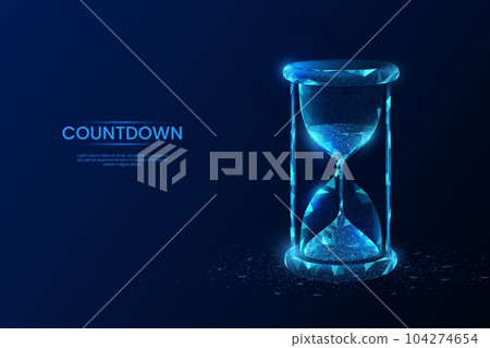 Countdown hourglass. Sand clock. Digital timer. Time of deadline. 3D sandglass. Polygon and blue light sparks. History watch. Chronometer counting. Sandglass concept. Vector background 104274654