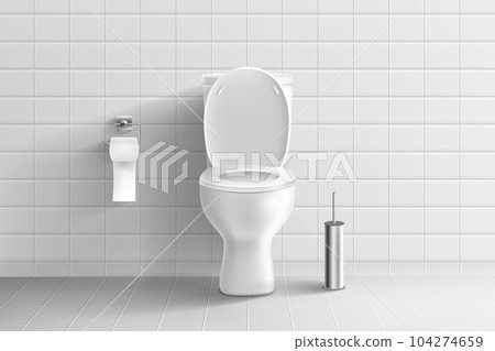 Toilet in bathroom. 3d isolated seat, white tile, clean wc bowl, realistic interior, hanging paper on steel holder, ceramic room floor, home or public lavatory. Vector design illustration Toilet in bathroom. 3d isolated seat, white tile, clean wc bowl, realistic interior, hanging paper on steel holder, ceramic room floor, home or public lavatory. Vector design illustration 104274659