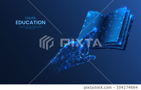 Technology book. Online education. Digital library. E-learning concept. Data training. Knowledge on course. Students hand. Reading textbook. Seminar in business school. Vector background 104274664