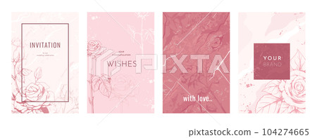 Floral cards. Flower design background, hand drawn elegant roses. Sketch style luxury elegant pink covers collection, modern geometric texture, wedding botanical decor, vector template 104274665