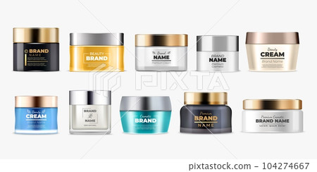 Cream jar. Cosmetic container, packaging bottle with label, realistic body spray, silver or gold luxury package, plastic cap, beauty products side view. Vector branding mockup template 104274667