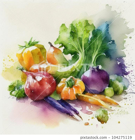 Watercolor art. Minimalist retro  illustration with vegetables. For social media, wall decoration, postcard or brochure cover design. 104275119