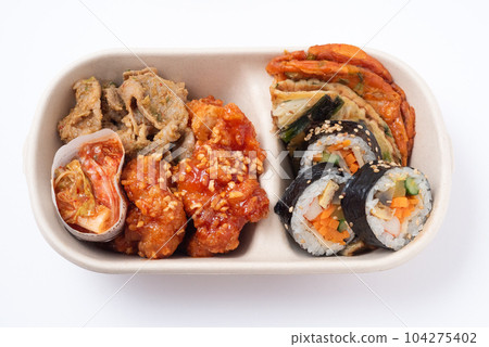 Korean bento box takeout gimbap kimchi yangnyeom chicken pancake bulgogi Korean bento box takeout gimbap kimchi yangnyeom chicken pancake bulgogi 104275402