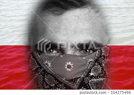Protests Poland Warsaw. Poland flag. Protest in Poland. Rise hand. Abortion reforms. Polish football fan. Man in bandana. Out of focus Protests Poland Warsaw. Poland flag. Protest in Poland. Rise hand. Abortion reforms. Polish football fan. Man in bandana. Out of focus 104275498