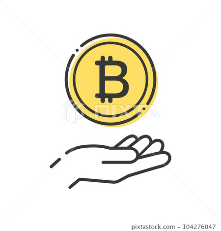 Simple coin with ₿ mark and human hand icon- image of virtual currency such as bitcoin 104276047