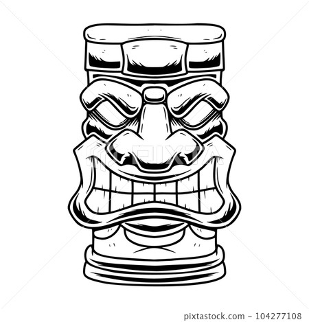 Illustration of Tiki tribal wooden mask. Design element for logo, emblem, sign, poster, card, banner. Vector illustration 104277108