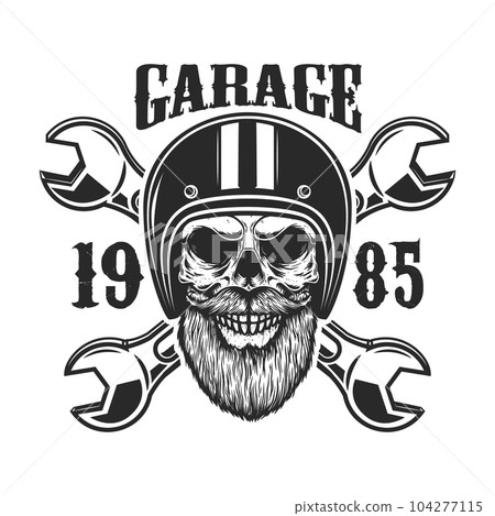 Garage. Bearded skull in racer helmet with crossed wrenches. Design element for logo, label, sign, emblem, poster, t shirt. Vector illustration 104277115