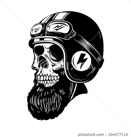 Illustration of bearded skull in racer helmet. Design element for logo, label, sign, poster. Vector illustration 104277116