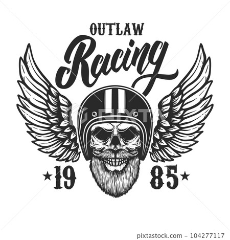 Racing. Bearded skull in winged racer helmet. Design element for logo, label, sign, emblem, poster, t shirt. Vector illustration Racing. Bearded skull in winged racer helmet. Design element for logo, label, sign, emblem, poster, t shirt. Vector illustration 104277117