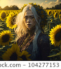 White-haired woman standing in a sunflower field 104277153