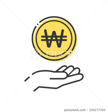 A simple coin with the letter ₩ and a human hand icon- the image of Korean money, won, 원, and won 104277385