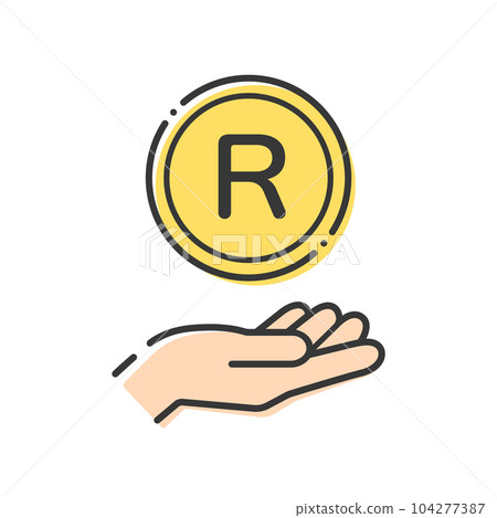 A simple coin with the letter R and a human hand icon - an image of South African money and rand A simple coin with the letter R and a human hand icon - an image of South African money and rand 104277387