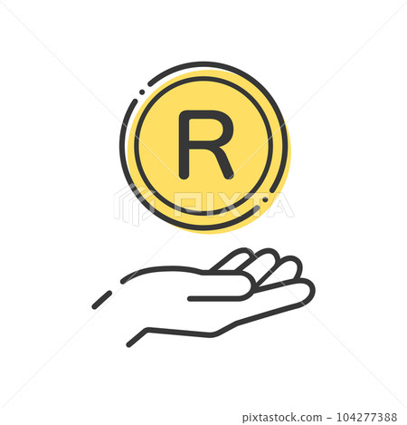 A simple coin with the letter R and a human hand icon - an image of South African money and rand A simple coin with the letter R and a human hand icon - an image of South African money and rand 104277388