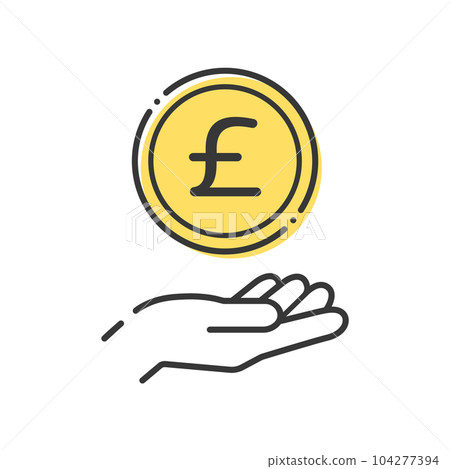 A simple coin with the letter £ and a human hand icon - an image of the British pound 104277394