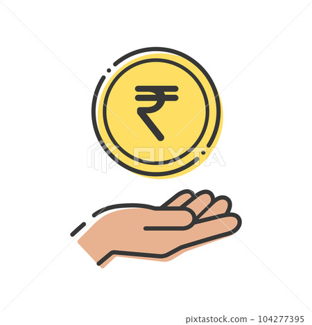 Simple coin with ₹ letter and human hand icon - indian money rupee 104277395
