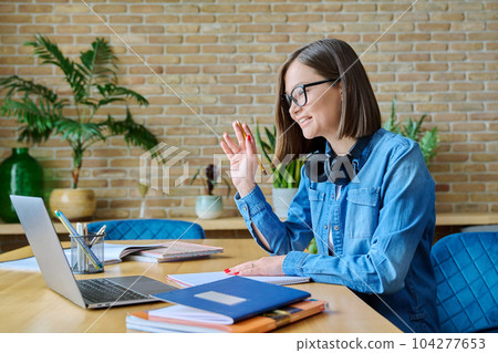 Female student having an online lesson, video conference Female student having an online lesson, video conference 104277653