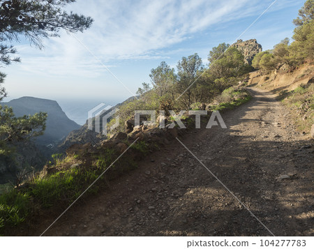 Dirt road on top of sharp cliffs of La Merica mountain, Camino La Merica hiking trail. Green valley bellow. Arure, Valle Gran Rey, La Gomera, Canary Islands, Spain. Dirt road on top of sharp cliffs of La Merica mountain, Camino La Merica hiking trail. Green valley bellow. Arure, Valle Gran Rey, La Gomera, Canary Islands, Spain. 104277783