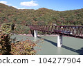 A train running on the Yunishigawa Bridge on the Aizu Kinugawa Line during the fall foliage season 104277904