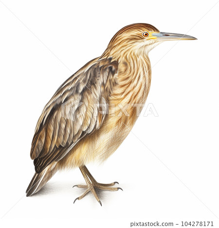 Bittern Botaurus, a brown wading bird with a long beak, isolated on white close-up 104278171