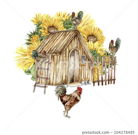 Watercolor composition of cock and truck. Hand drawn rooster, artistic painting illustration of fowl. Watercolor illustration of hen. Perfect for wedding invitation, greetings card, posters. Watercolor composition of cock and truck. Hand drawn rooster, artistic painting illustration of fowl. Watercolor illustration of hen. Perfect for wedding invitation, greetings card, posters. 104278485