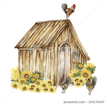 Watercolor composition of cock and truck. Hand drawn rooster, artistic painting illustration of fowl. Watercolor illustration of hen. Perfect for wedding invitation, greetings card, posters. 104278487