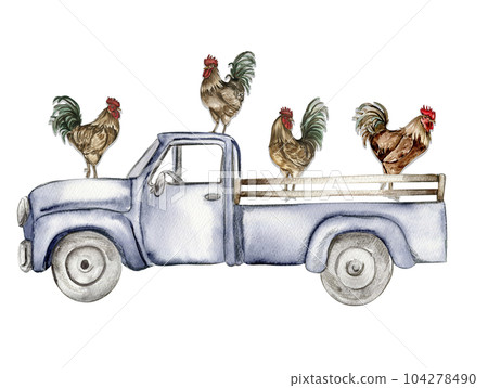 Watercolor composition of cock and truck. Hand drawn rooster, artistic painting illustration of fowl. Watercolor illustration of hen. Perfect for wedding invitation, greetings card, posters. 104278490