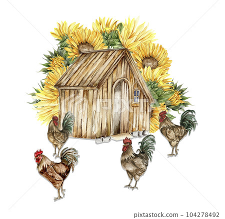 Watercolor composition of cock and truck. Hand drawn rooster, artistic painting illustration of fowl. Watercolor illustration of hen. Perfect for wedding invitation, greetings card, posters. 104278492